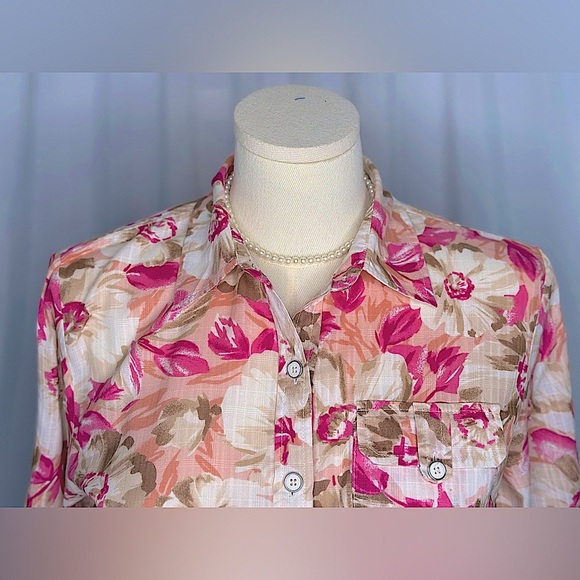 Karen Scott Pink Floral Button Down Shirt with Notched Collar(829) - Picture 9 of 14